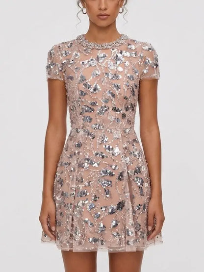 Sequin Embroidered Mini Dress with Rhinestone Collar - Dresses