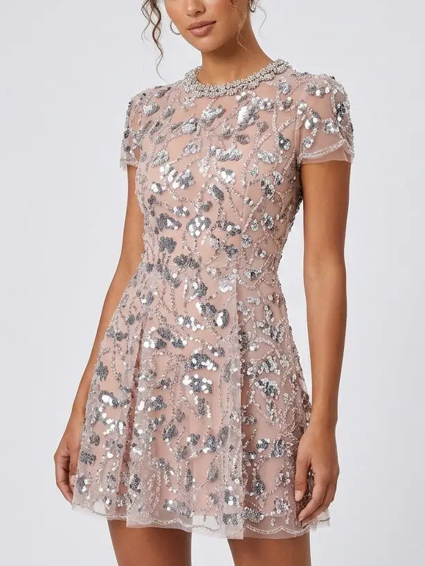 Sequin Embroidered Mini Dress with Rhinestone Collar - Dresses