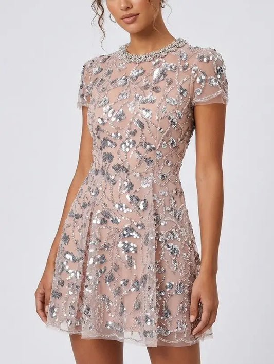 Sequin Embroidered Mini Dress with Rhinestone Collar - Dresses