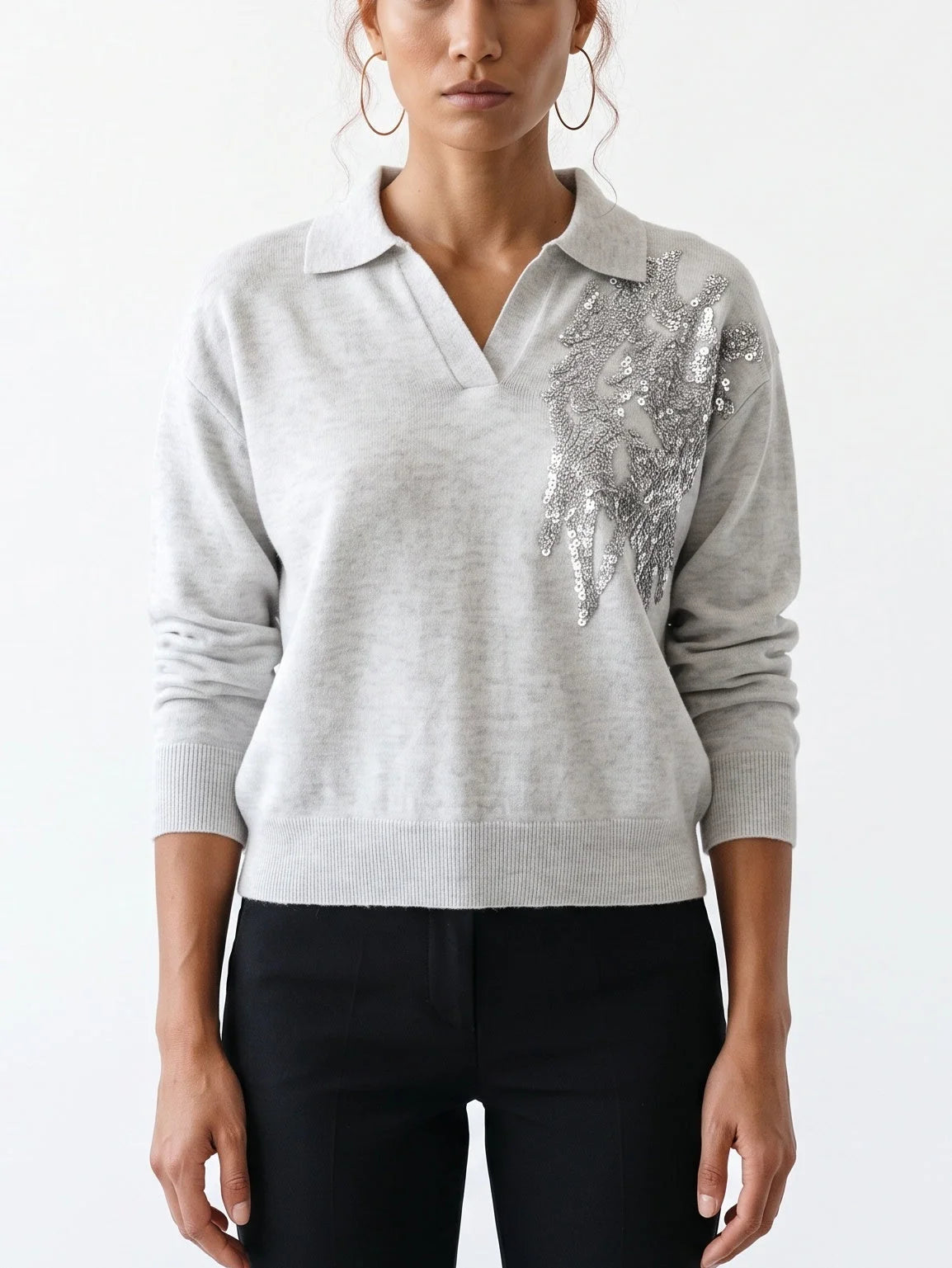 Sequin Embroidered V-Neck Collared Cashmere Sweater - Small / Light Grey - Sweaters & Knitwear