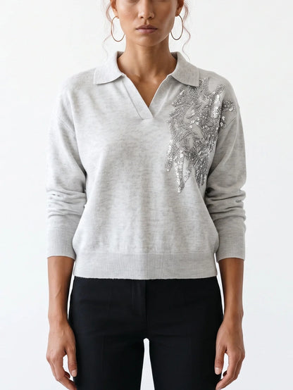 Sequin Embroidered V-Neck Collared Cashmere Sweater - Small / Light Grey - Sweaters & Knitwear