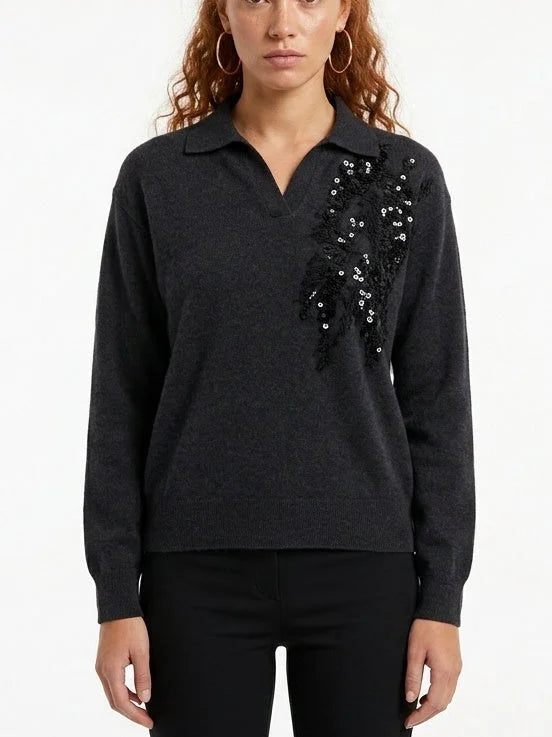 Sequin Embroidered V-Neck Collared Cashmere Sweater - Sweaters & Knitwear