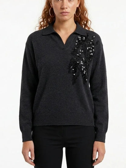 Sequin Embroidered V-Neck Collared Cashmere Sweater - Sweaters & Knitwear
