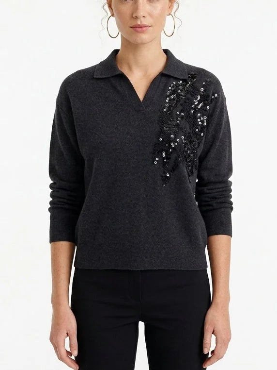 Sequin Embroidered V-Neck Collared Cashmere Sweater - Sweaters & Knitwear