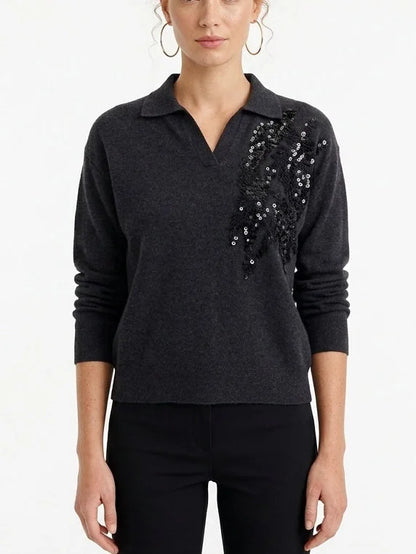 Sequin Embroidered V-Neck Collared Cashmere Sweater - Sweaters & Knitwear