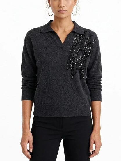 Sequin Embroidered V-Neck Collared Cashmere Sweater - Sweaters & Knitwear
