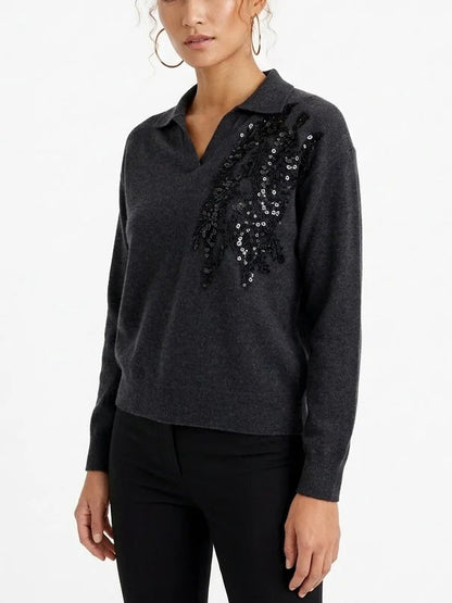 Sequin Embroidered V-Neck Collared Cashmere Sweater - Sweaters & Knitwear