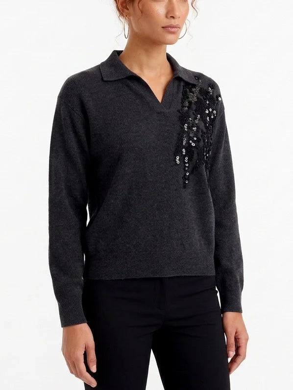 Sequin Embroidered V-Neck Collared Cashmere Sweater - Sweaters & Knitwear