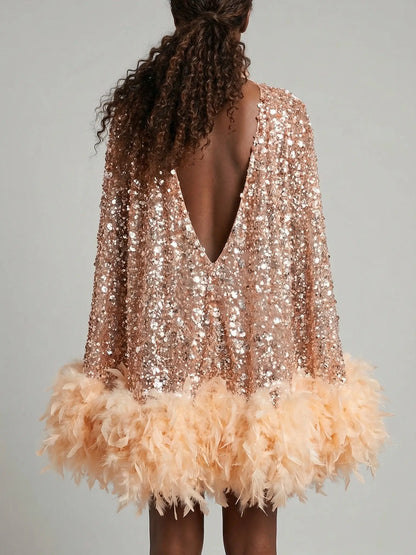 Sequin Feather-Trim Mini Dress - Dresses