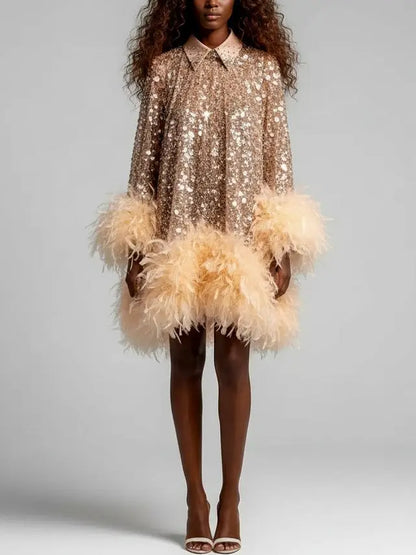 Sequin Feather-Trim Mini Dress - Dresses