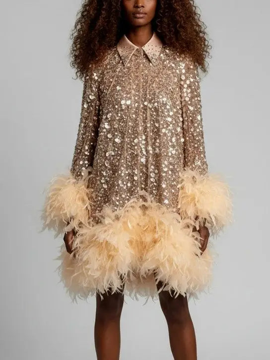 Sequin Feather-Trim Mini Dress - Dresses