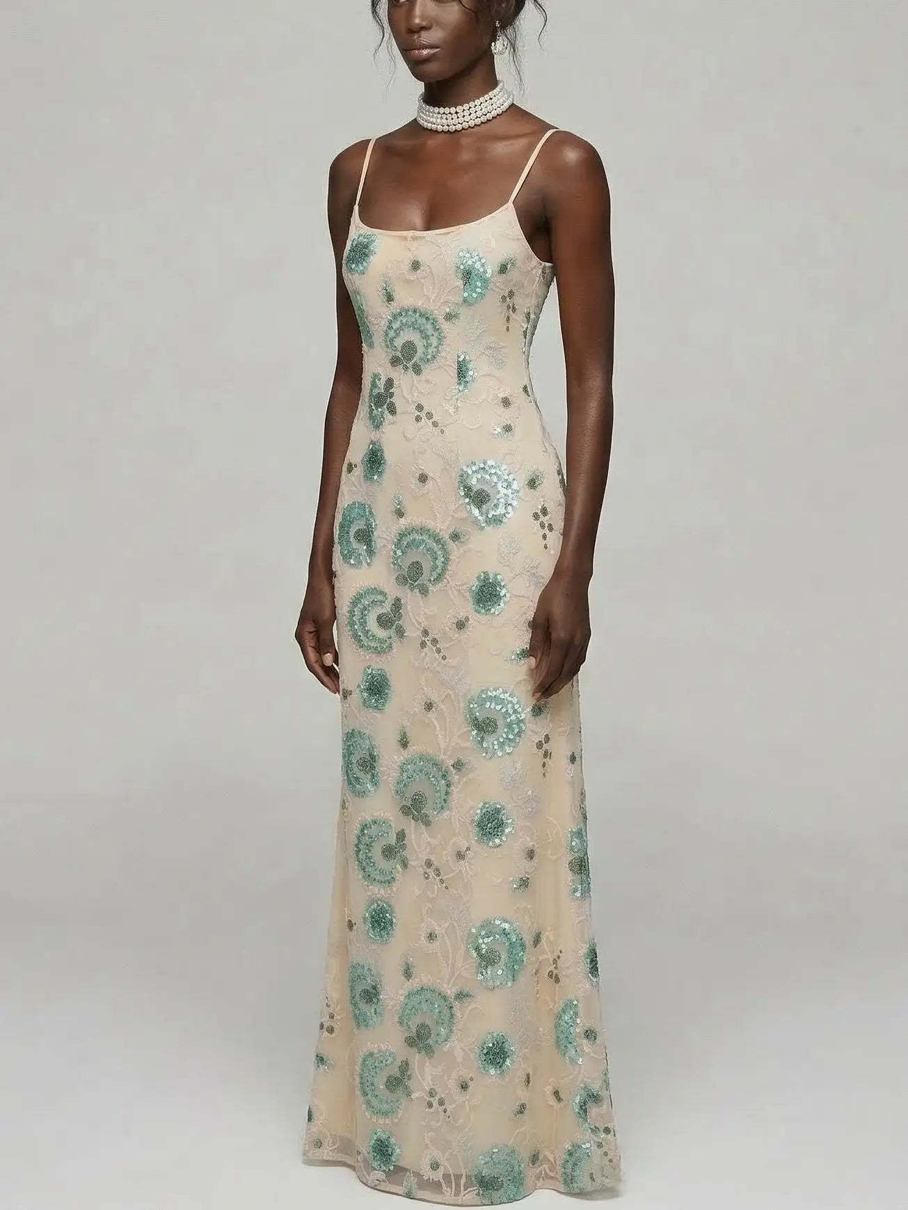 Sequin Floral Embroidered Lace-Up Maxi Dress - Dresses
