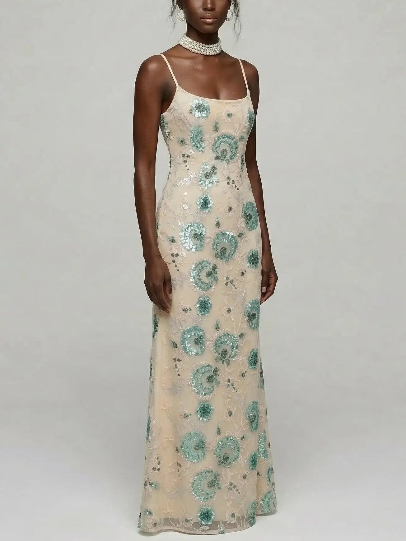Sequin Floral Embroidered Lace-Up Maxi Dress - Dresses