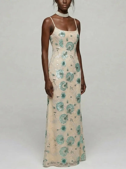 Sequin Floral Embroidered Lace-Up Maxi Dress - Dresses