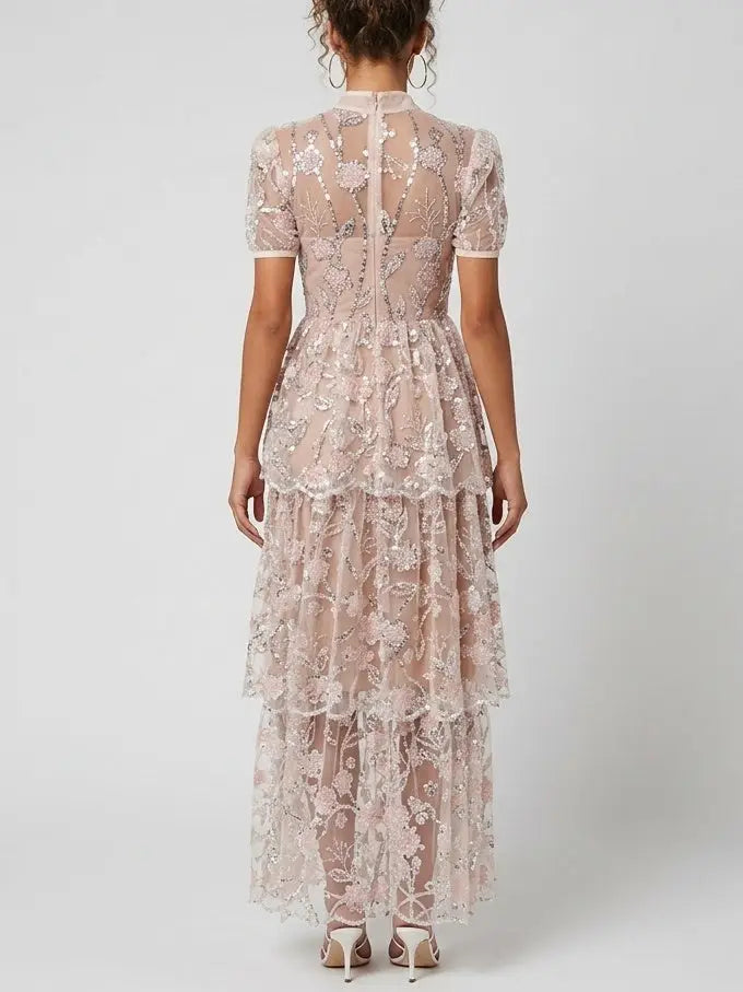 Sequin Floral Mesh Tiered Maxi Dress - Dresses