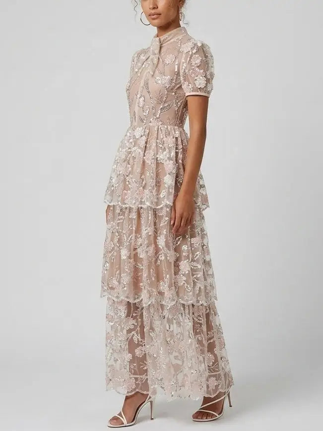 Sequin Floral Mesh Tiered Maxi Dress - Dresses