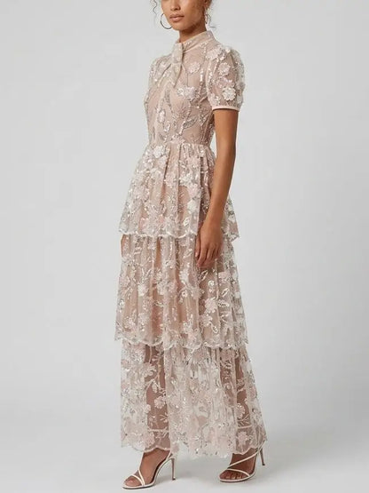 Sequin Floral Mesh Tiered Maxi Dress - Dresses