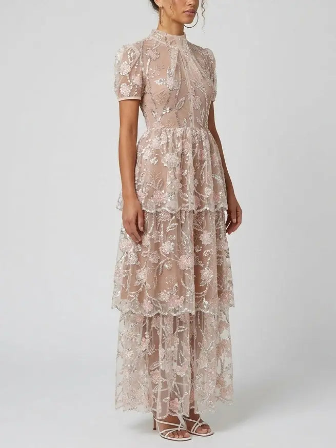 Sequin Floral Mesh Tiered Maxi Dress - Dresses