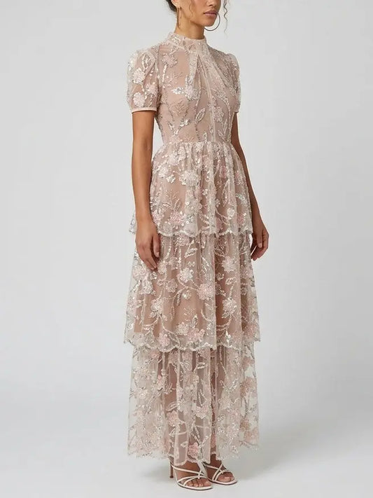 Sequin Floral Mesh Tiered Maxi Dress - Dresses