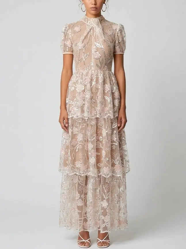 Sequin Floral Mesh Tiered Maxi Dress - Dresses