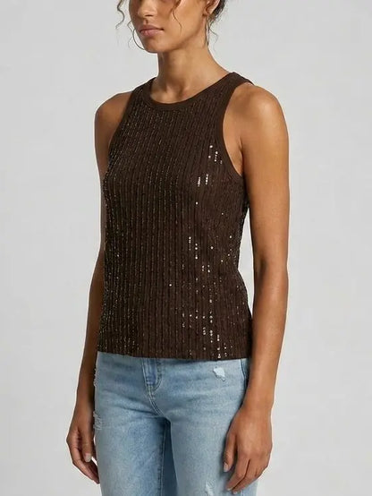 Sequin Grid Cotton Tank Top - Tops