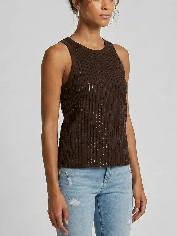 Sequin Grid Cotton Tank Top - Tops