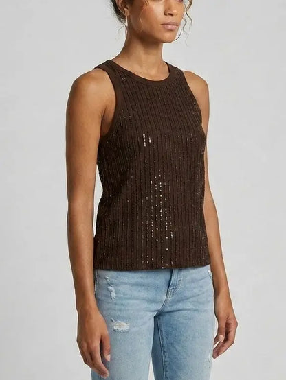 Sequin Grid Cotton Tank Top - Tops