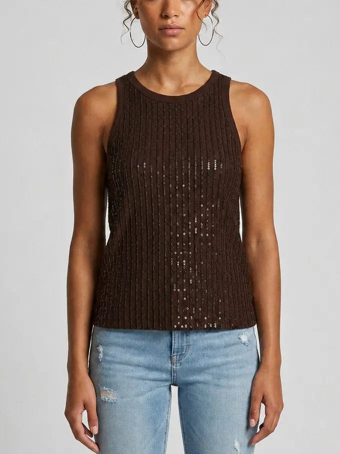 Sequin Grid Cotton Tank Top - Small / Dark Brown - Tops