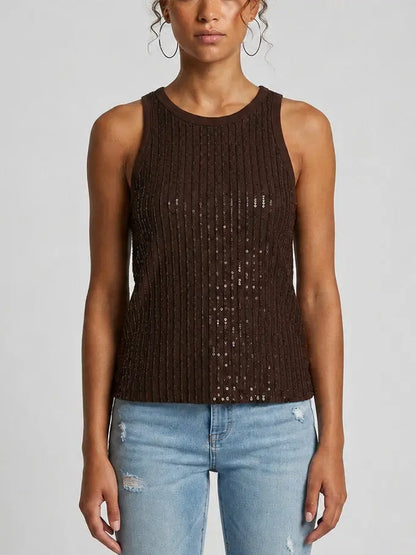 Sequin Grid Cotton Tank Top - Small / Dark Brown - Tops