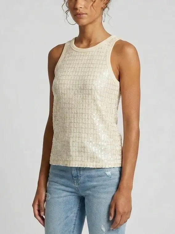 Sequin Grid Cotton Tank Top - Tops