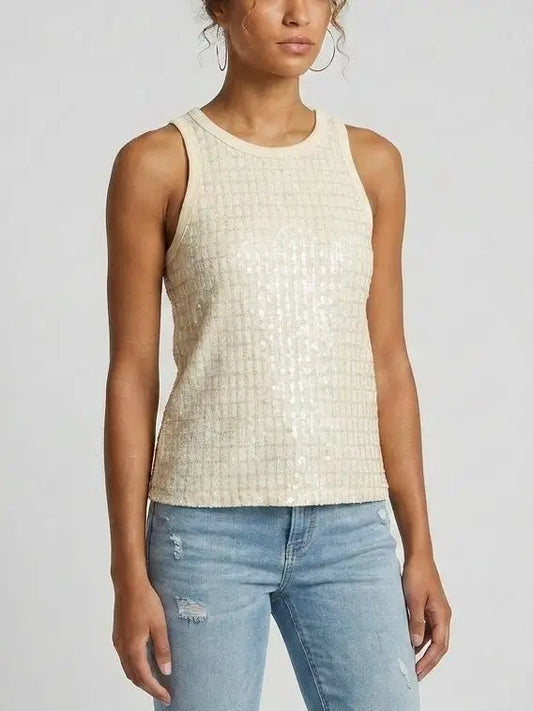 Sequin Grid Cotton Tank Top - Tops