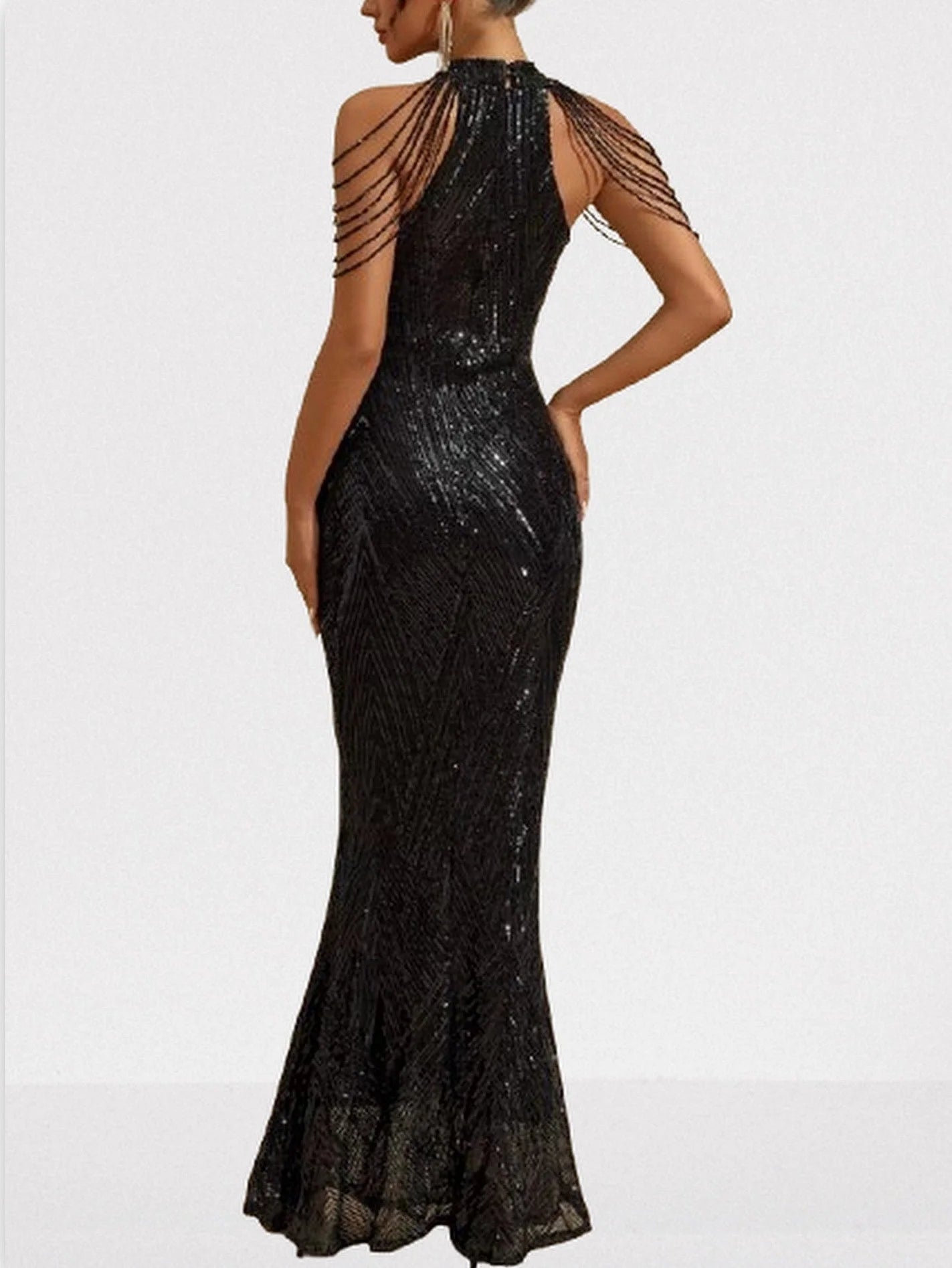 Sequin Halter Gown in Black with Draped Shoulder Beads - Dresses