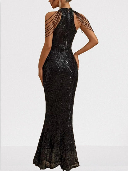 Sequin Halter Gown in Black with Draped Shoulder Beads - Dresses