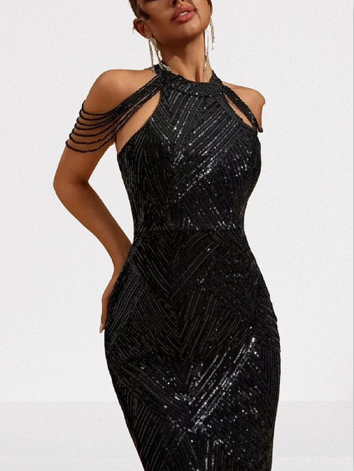 Sequin Halter Gown in Black with Draped Shoulder Beads - Dresses