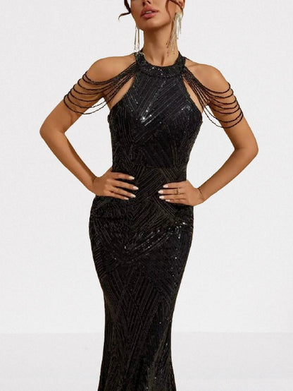 Sequin Halter Gown in Black with Draped Shoulder Beads - Dresses
