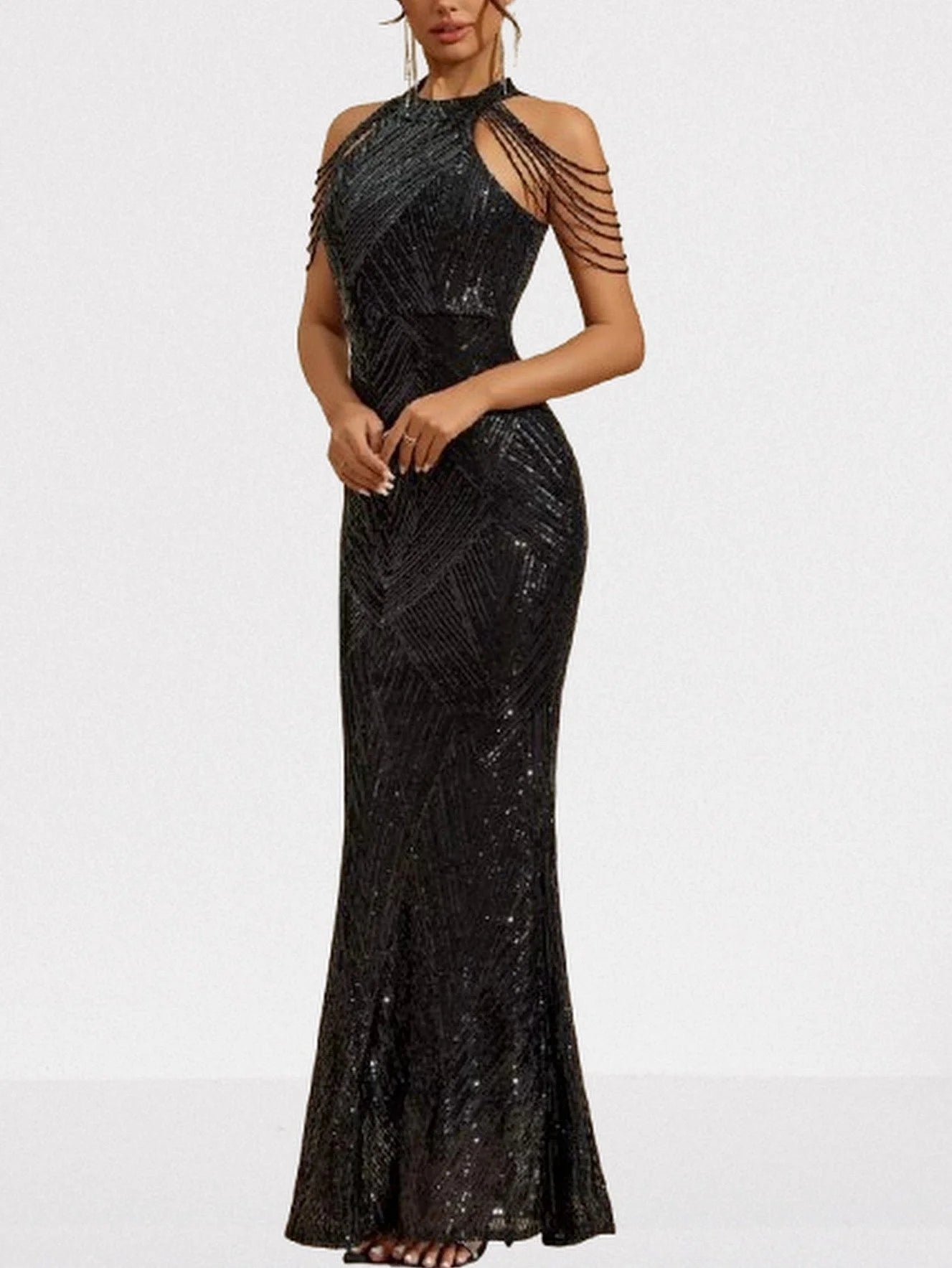 Sequin Halter Gown in Black with Draped Shoulder Beads - Dresses