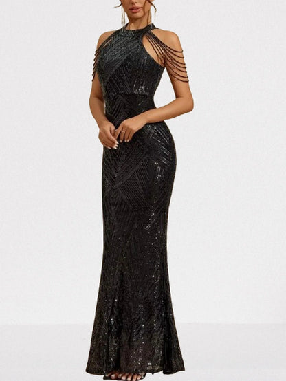 Sequin Halter Gown in Black with Draped Shoulder Beads - Dresses