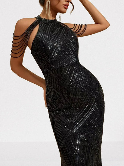 Sequin Halter Gown in Black with Draped Shoulder Beads - Dresses