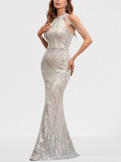 Sequin Halter Gown in Silver with Draped Shoulder Beads - Dresses