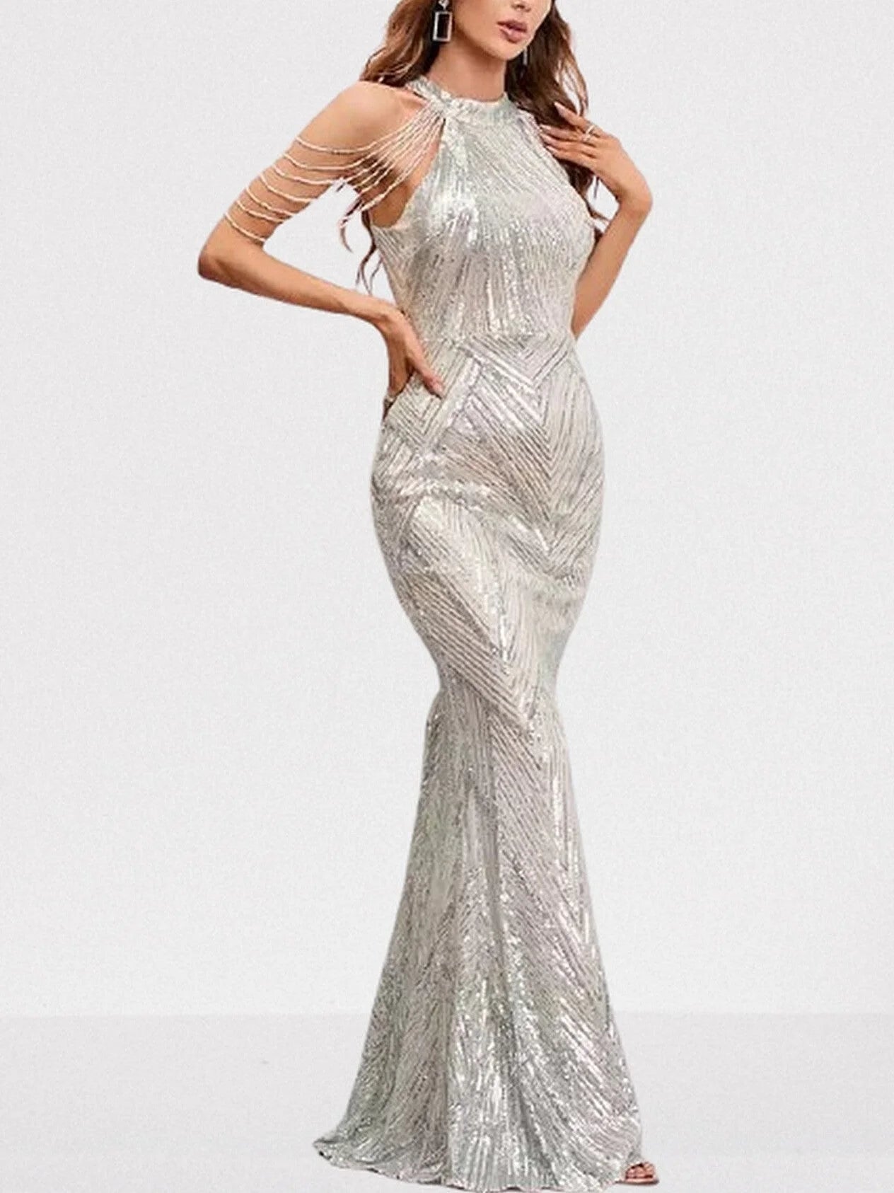 Sequin Halter Gown in Silver with Draped Shoulder Beads - Dresses