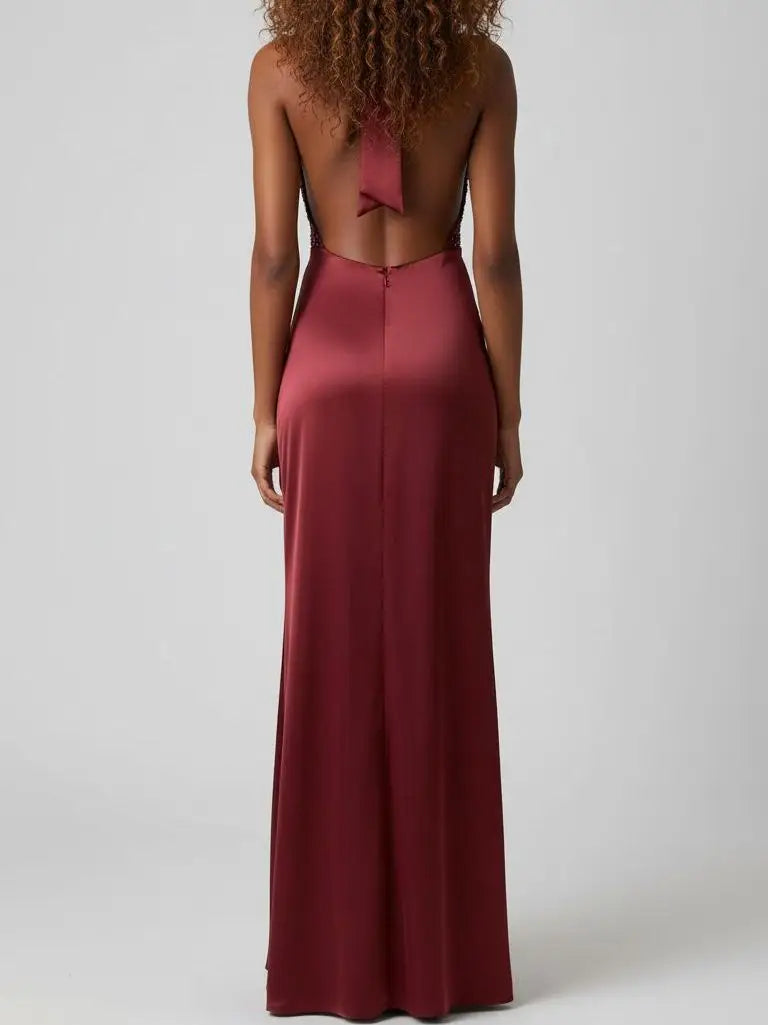 Sequin Halter Gown with Plunging Neckline - Dresses