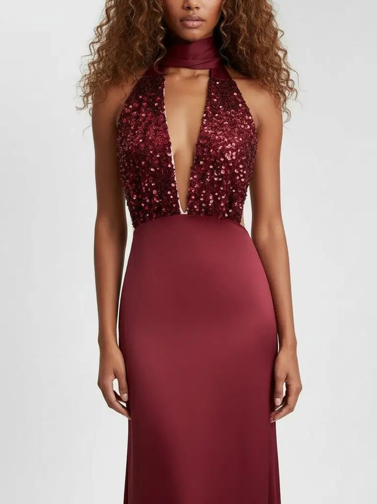 Sequin Halter Gown with Plunging Neckline - Dresses