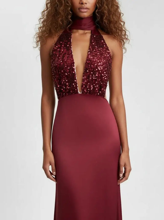 Sequin Halter Gown with Plunging Neckline - Dresses