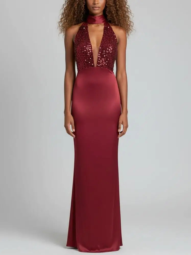 Sequin Halter Gown with Plunging Neckline - Dresses