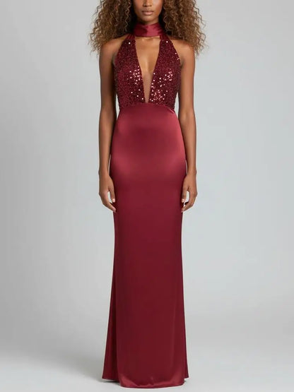 Sequin Halter Gown with Plunging Neckline - Dresses