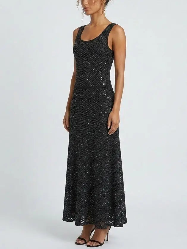 Sequin Knit Tank Maxi Dress in Black and White