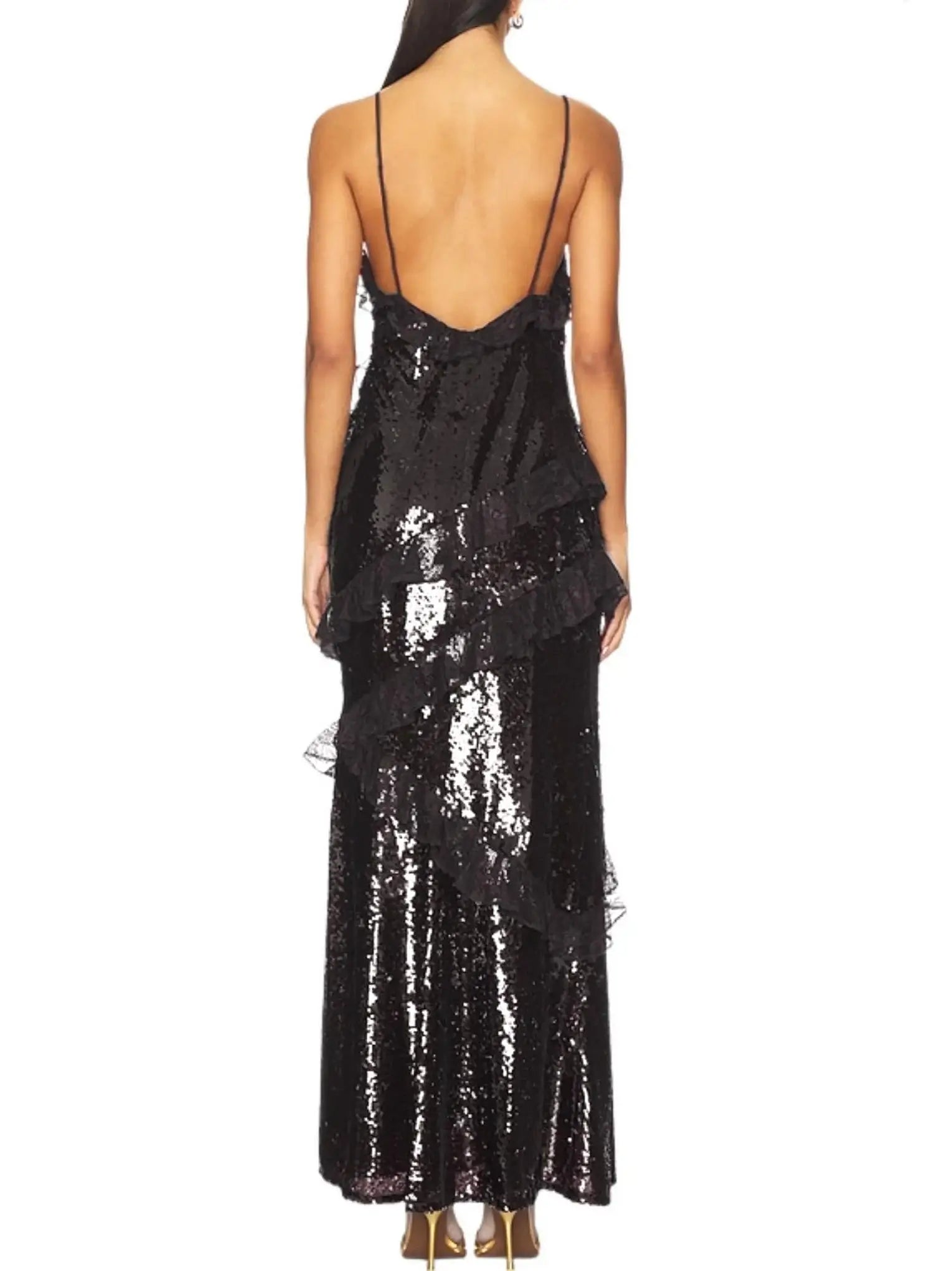 Sequin Maxi Dress with Lace Ruffle Detail - Dresses