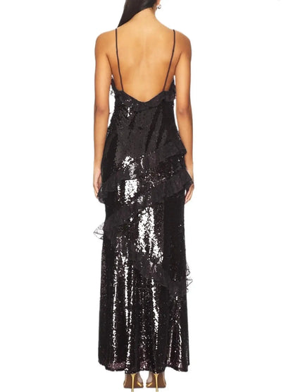 Sequin Maxi Dress with Lace Ruffle Detail - Dresses