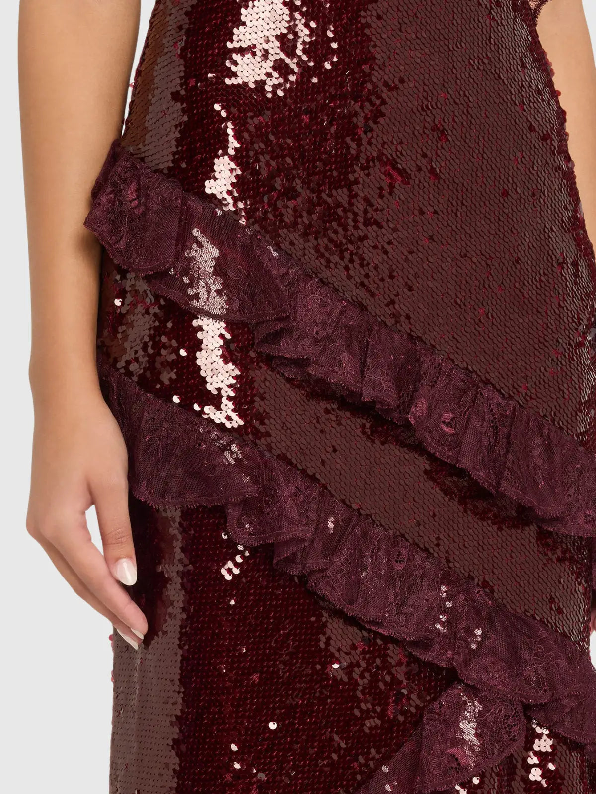 Sequin Maxi Dress with Lace Ruffle Detail - Dresses
