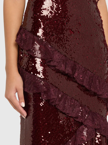 Sequin Maxi Dress with Lace Ruffle Detail - Dresses